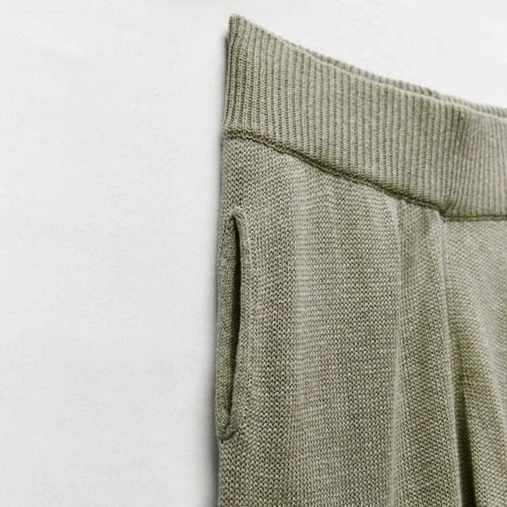 Green Zara Linen Blend Elastic Waist Knit Lounge Joggers Pants (NWT)